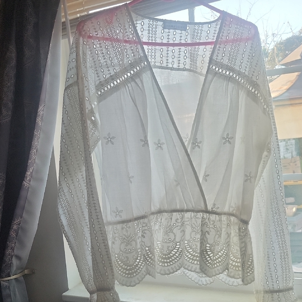 JAX & Henley White Shere V Neck Blouse, 100% cotton, Size: L